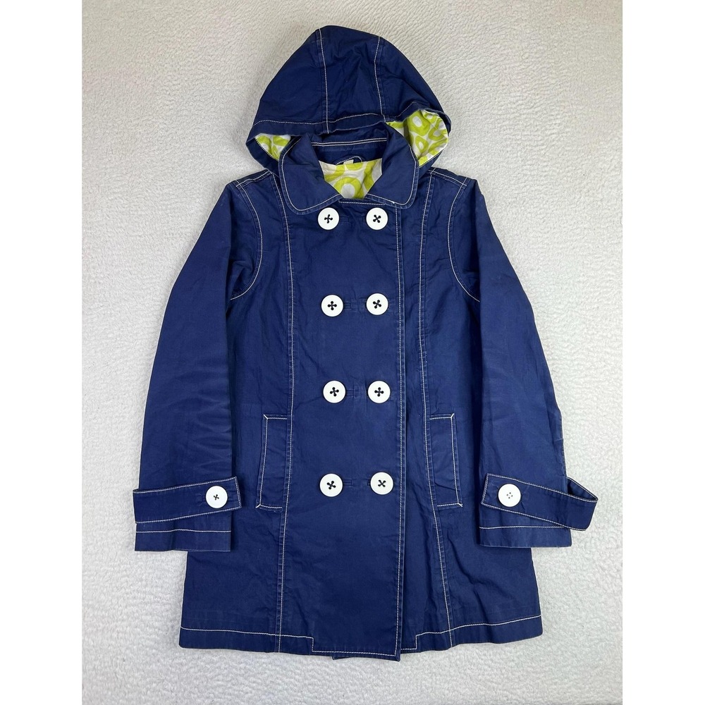 Boden Trench Coat Womens 4 Blue Hooded Double Breasted Cotton Lined WE053